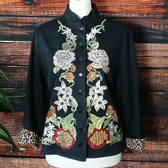 Vanity Vintage 90s Jacket L Cropped Embroidered Beaded Mandarin - Picture 2 of 10